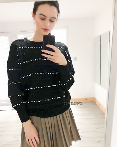 Pearl embellished soft knit jumper in black