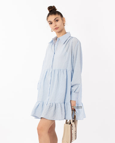 Blue color Oversized shirt dress in pop pattern fabric in ruffle hem design