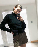 Mock neck cable knit long sleeves cropped jumper in black