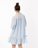 Blue color Oversized shirt dress in pop pattern fabric in ruffle hem design