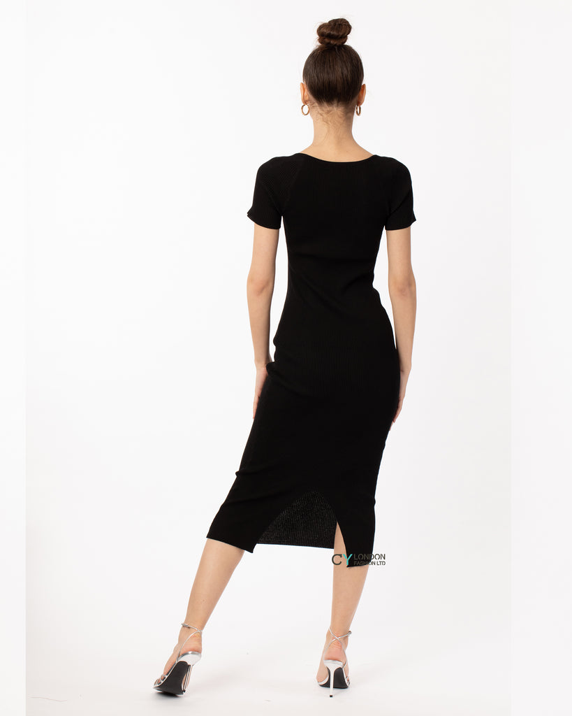 Soft Knitted Ribbed Midi Split Hem Bodycon Dress In Black