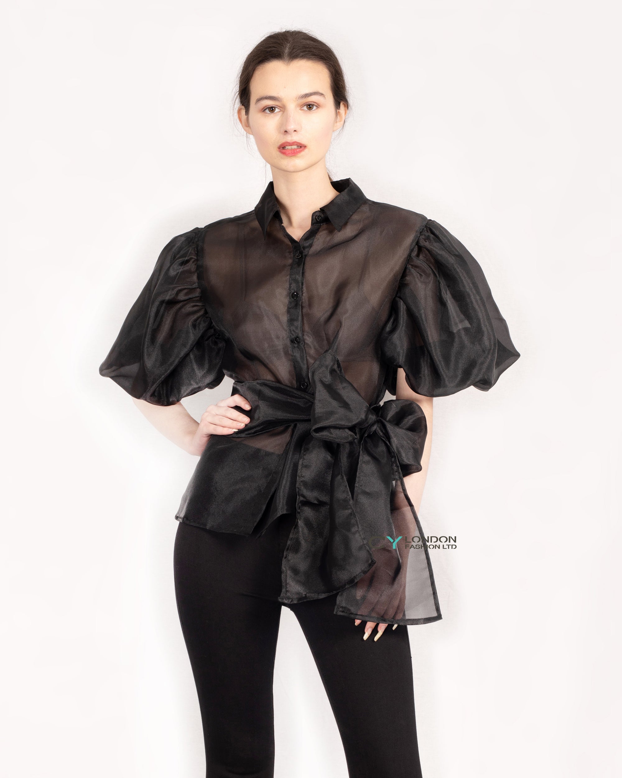 Organza shirt with big bow belt design in Black