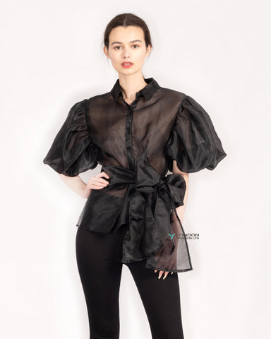 Organza shirt with big bow belt design in Black