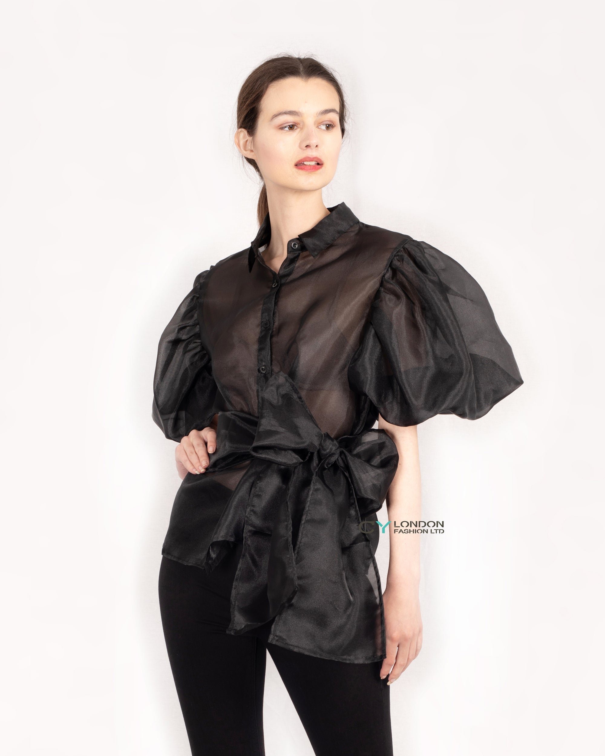 Organza shirt with big bow belt design in Black