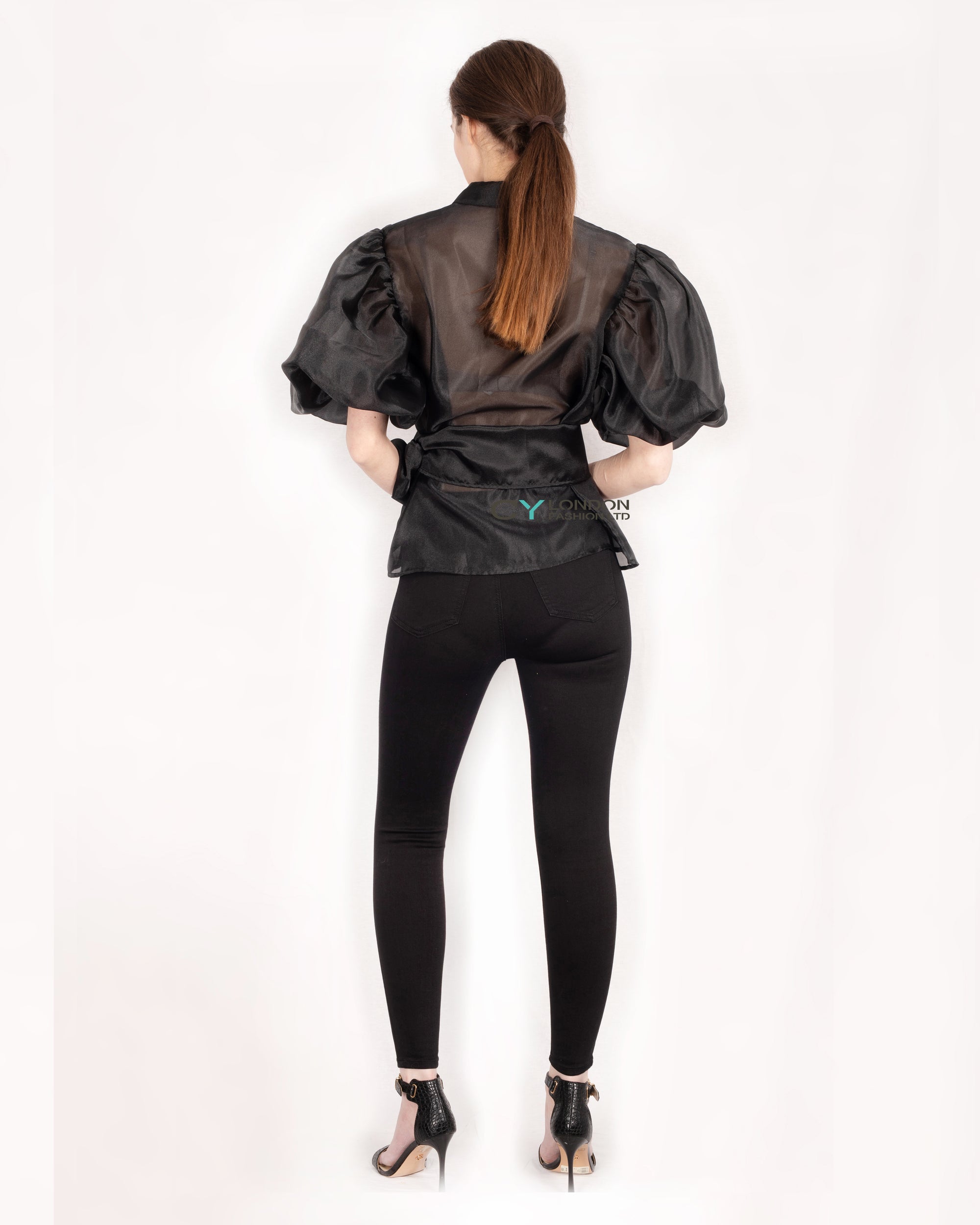 Organza shirt with big bow belt design in Black