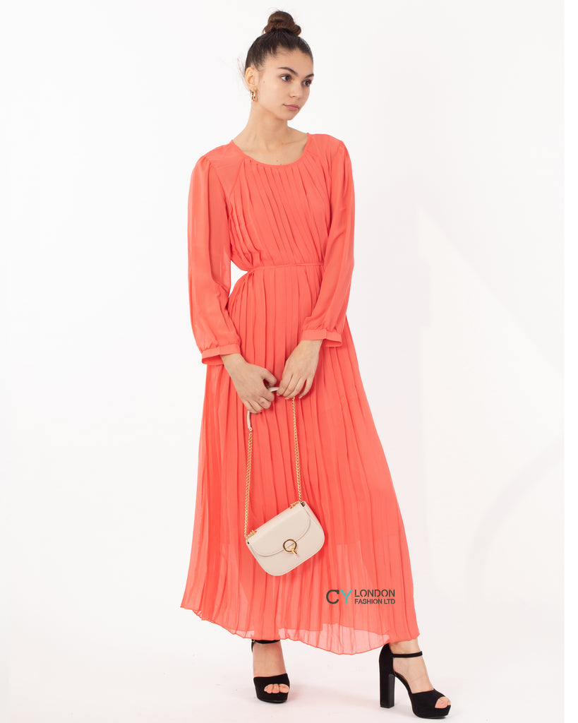 Pleated Long Maxi Dress in coral orange