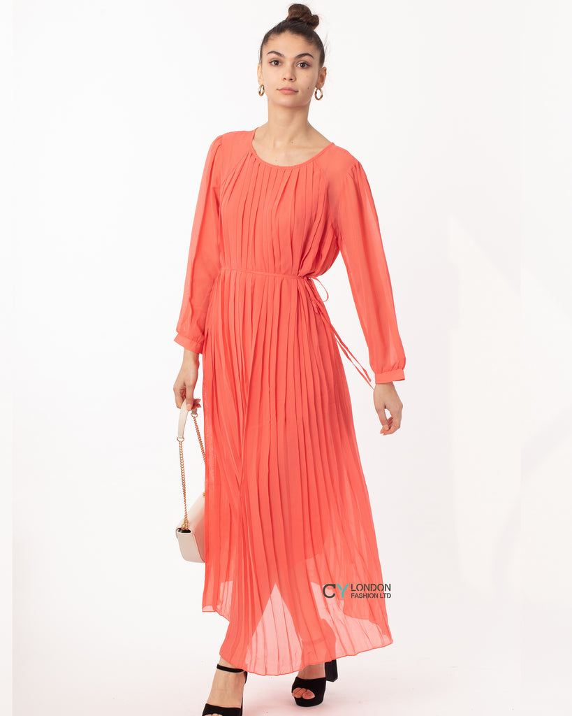 Pleated Long Maxi Dress in coral orange
