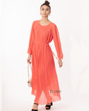 Pleated Long Maxi Dress in coral orange