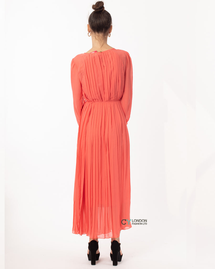 Pleated Long Maxi Dress in coral orange