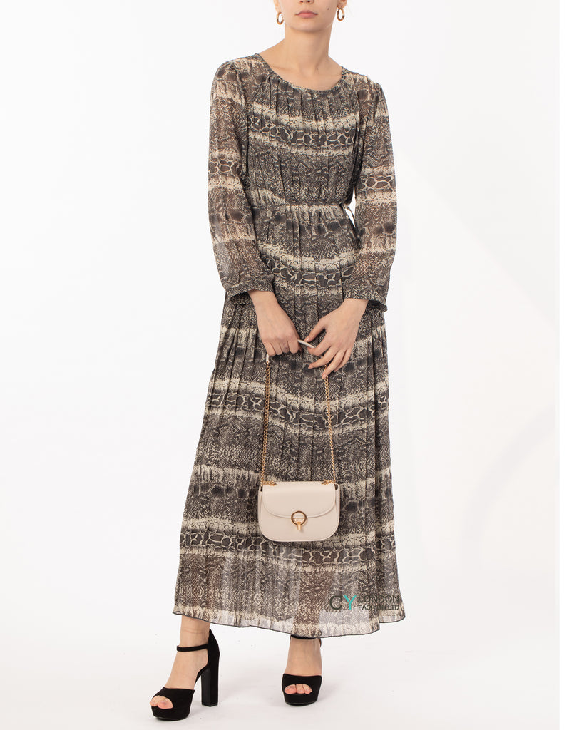 Leopard print Pleated Long Sleeves Maxi Dress