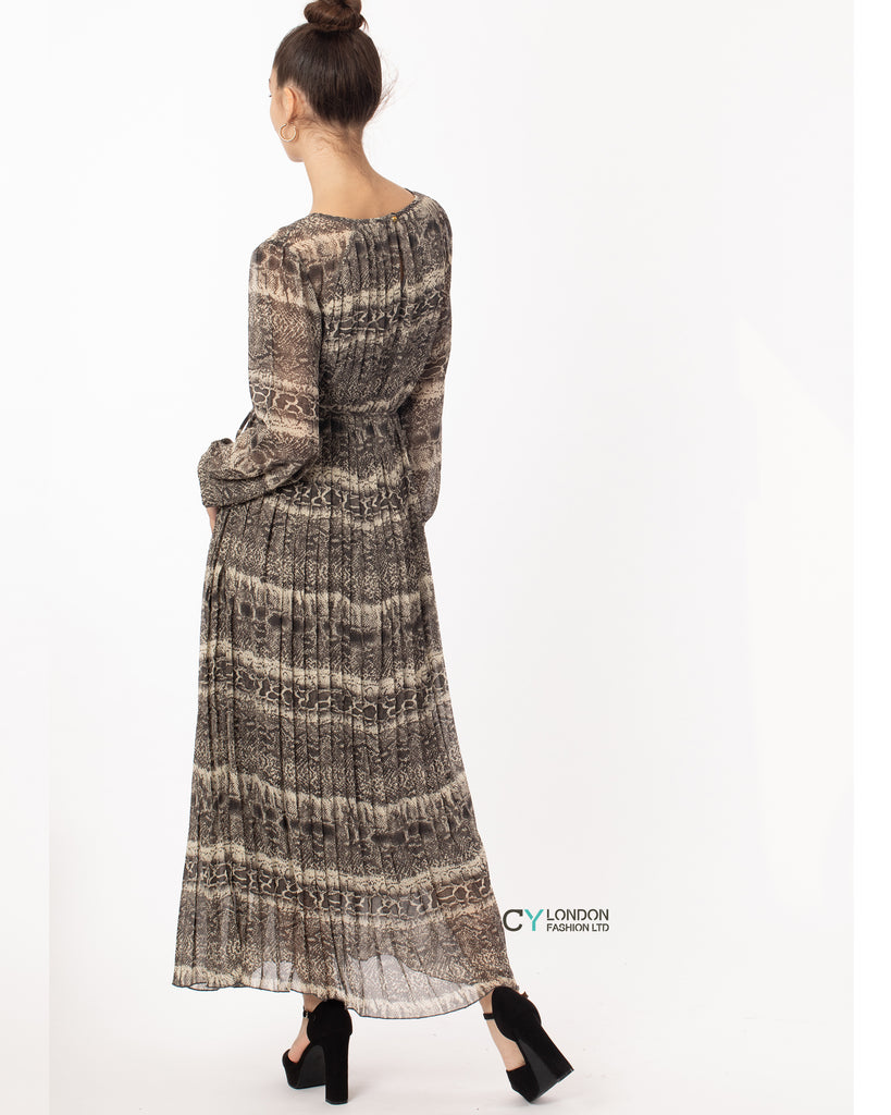 Leopard print Pleated Long Sleeves Maxi Dress