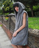 Plus Size Faux Fur Long Gilet with Hoodie in grey