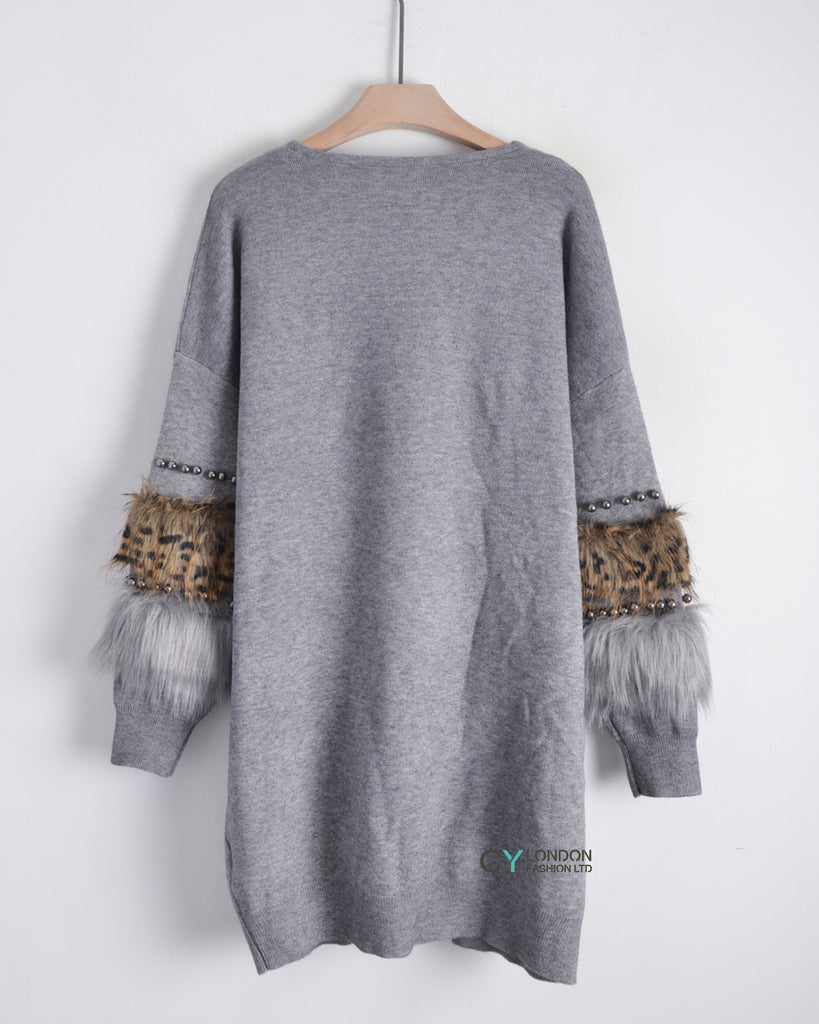 Faux leopard print fur cardigan with embellishment