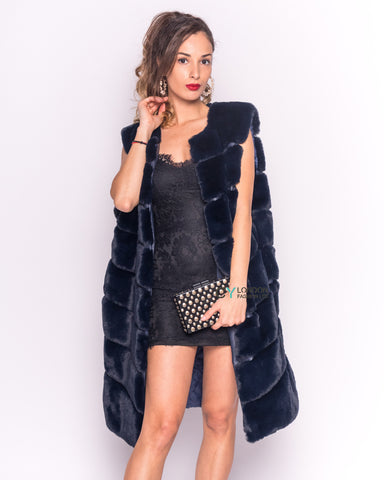 Plus Size Faux Fur Long Gilet in Navy blue