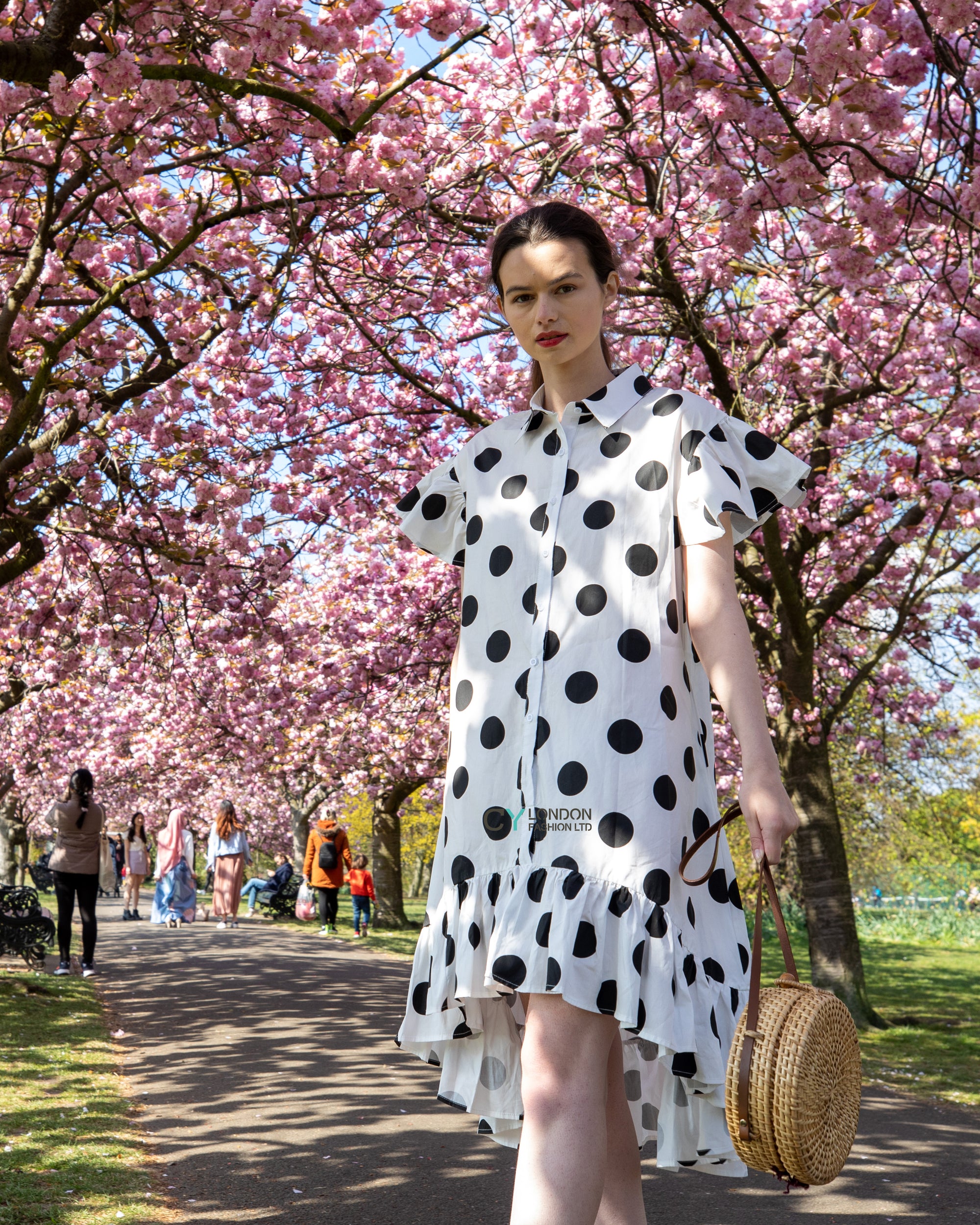 Polka Dot print dip hem dress with frill sleeves design in black white color