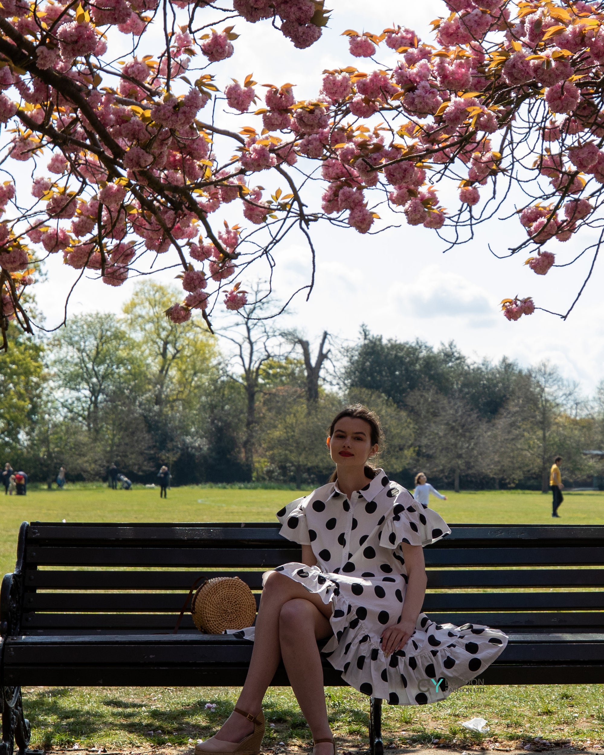 Polka Dot print dip hem dress with frill sleeves design in black white color