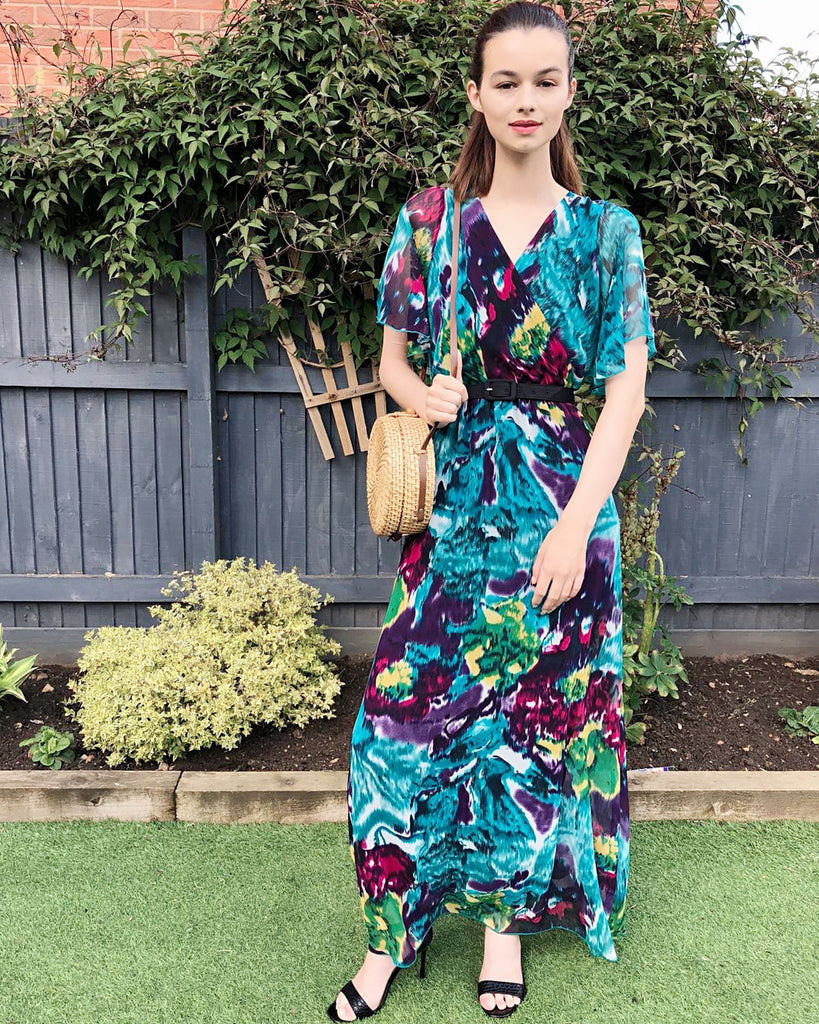 Floral Print Chiffon Wrap Maxi Dress (Blue Print)