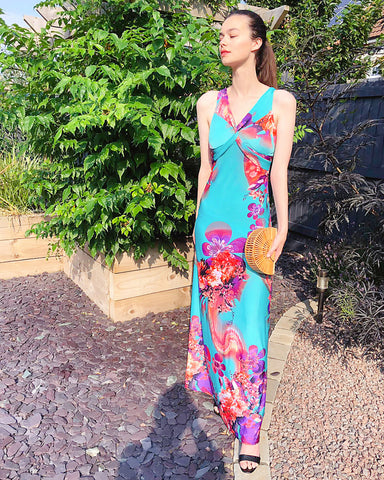 Floral Poppy Print Maxi Dress (Green)