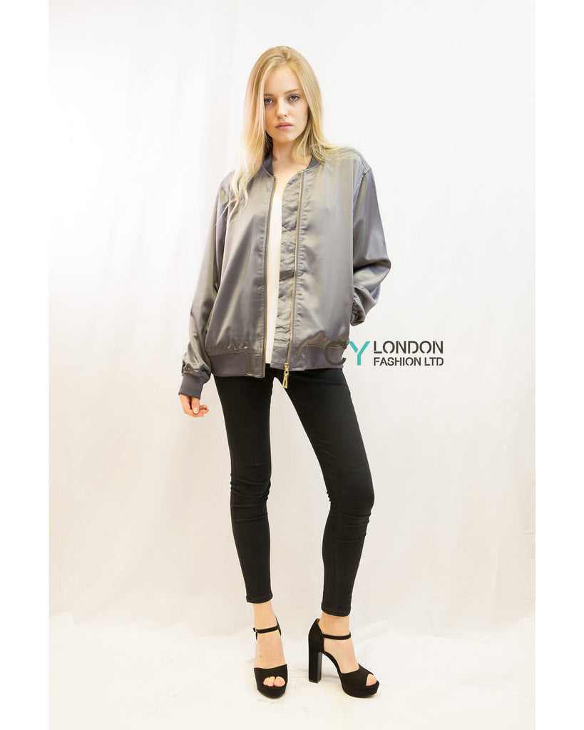 GREY Color Satin Quilted Bomber Jacket