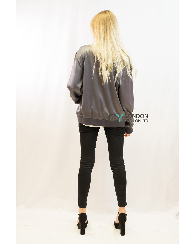GREY Color Satin Quilted Bomber Jacket