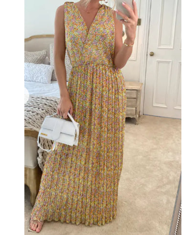 Chiffon Cross Wrap Maxi Dress Yellow Floral