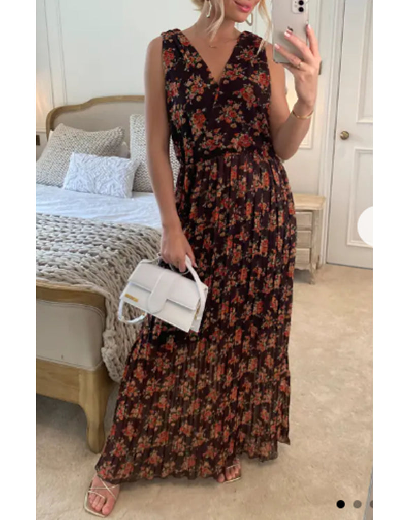 Chiffon Cross Wrap Maxi Dress Brown + Orange Floral