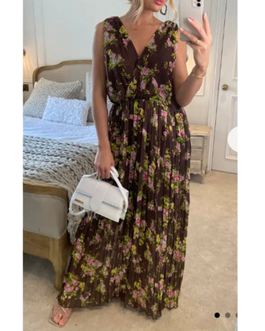 Chiffon Cross Wrap Maxi Dress Brown + Pink Floral