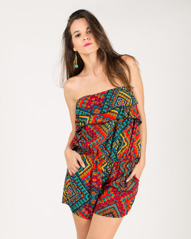 Aztec monochrome stripe print all over Playsuits - blue and orange