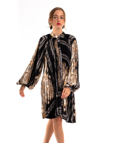 Black and Gold color Scarf print Full pleated Shirt dress