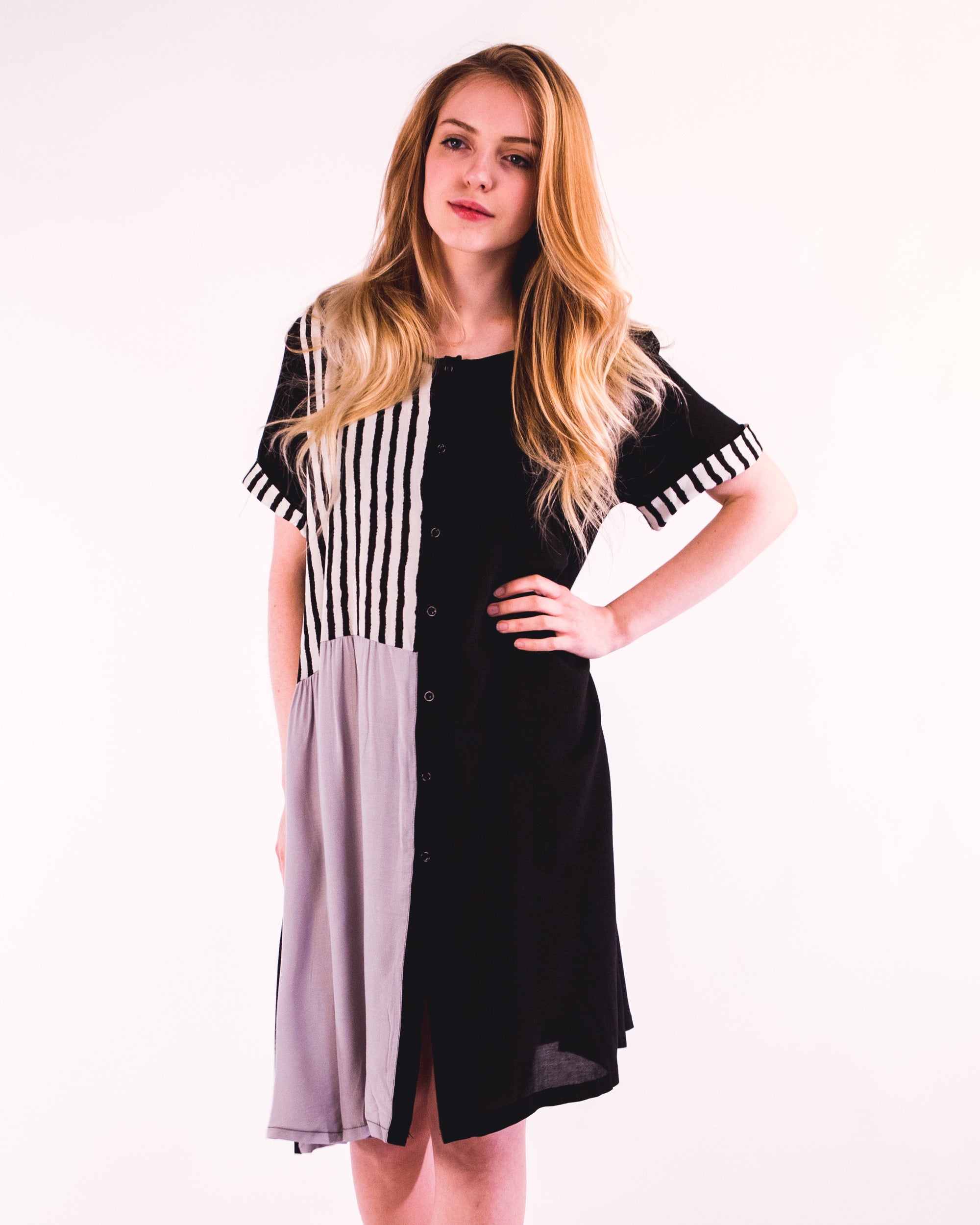 Stripe Print Cotton Dress (Blue)