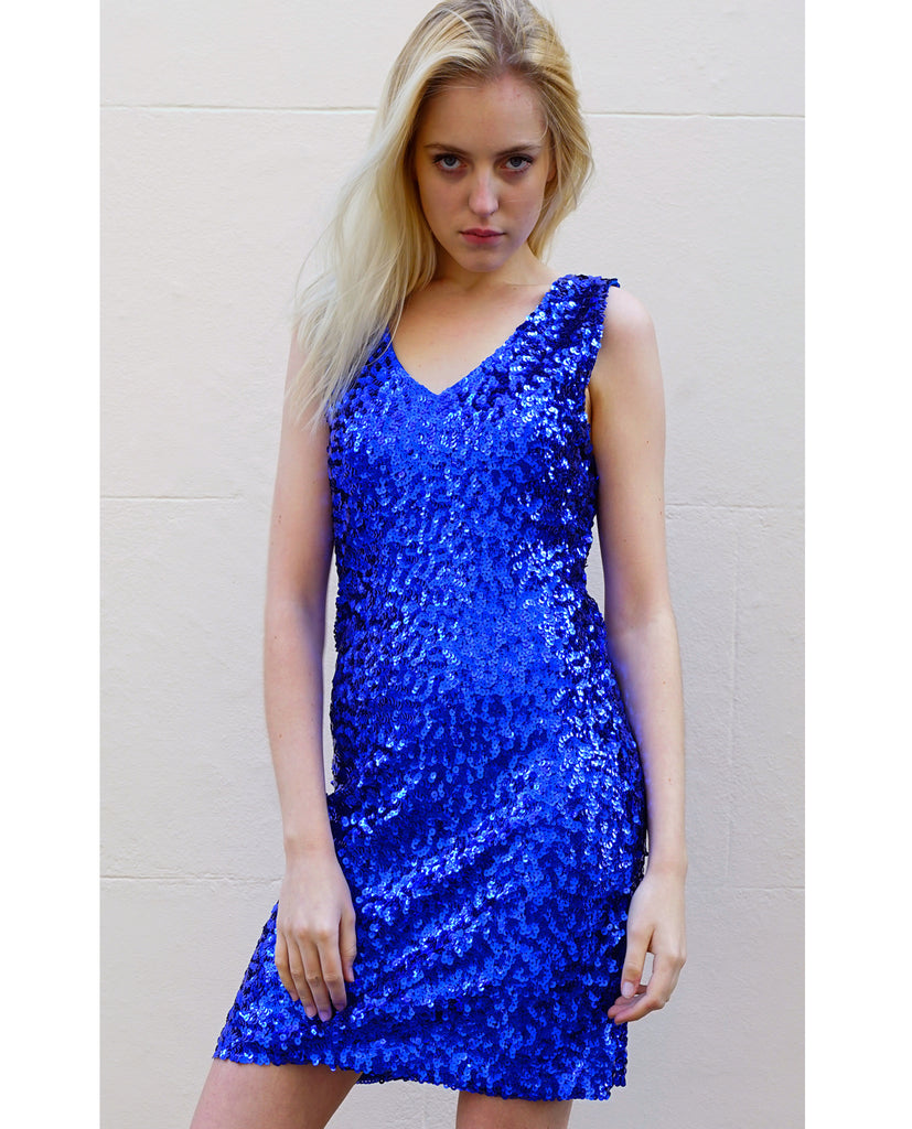 Plain color sequin V neck dress (Royal blue)