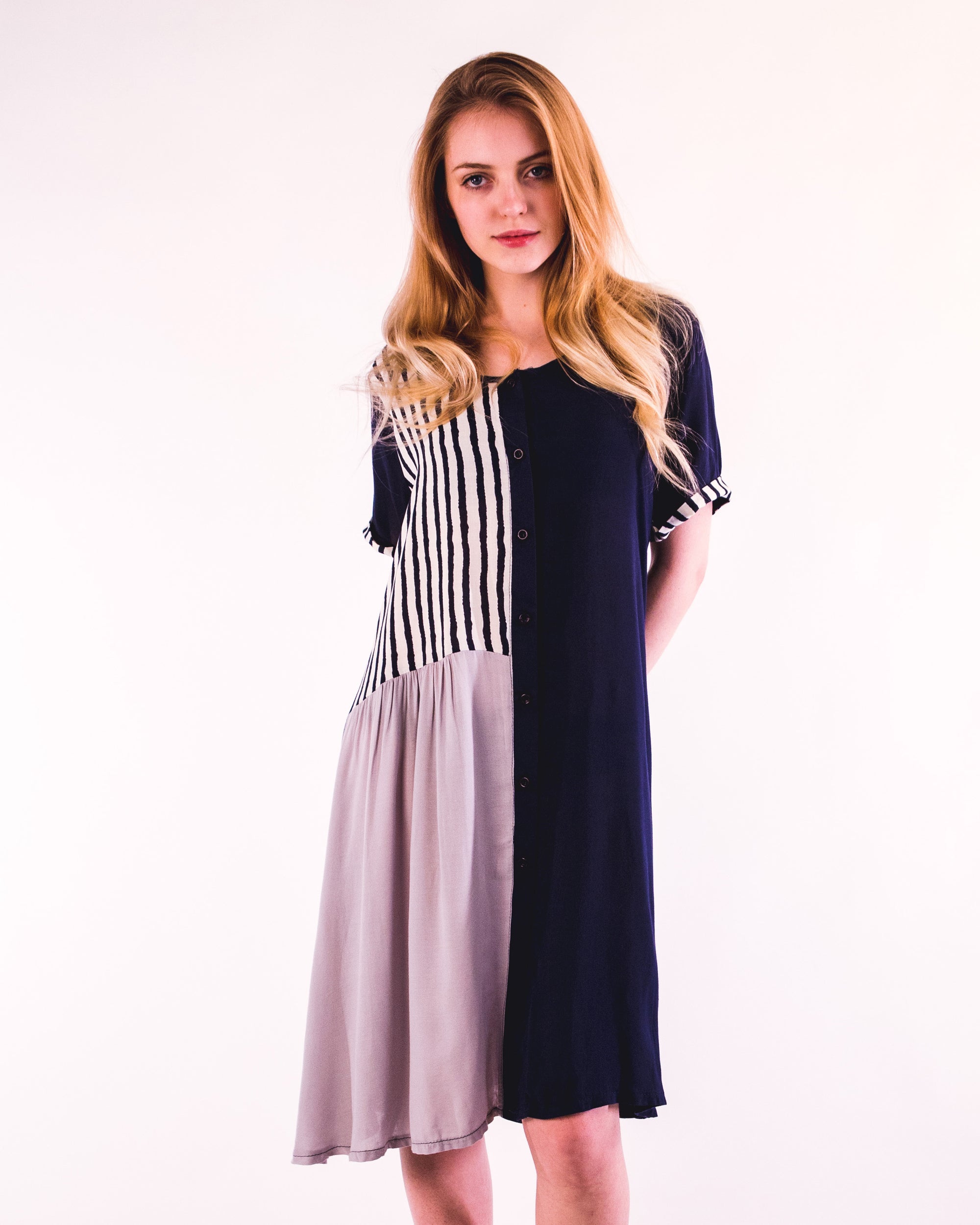 Stripe Print Cotton Dress (Blue)