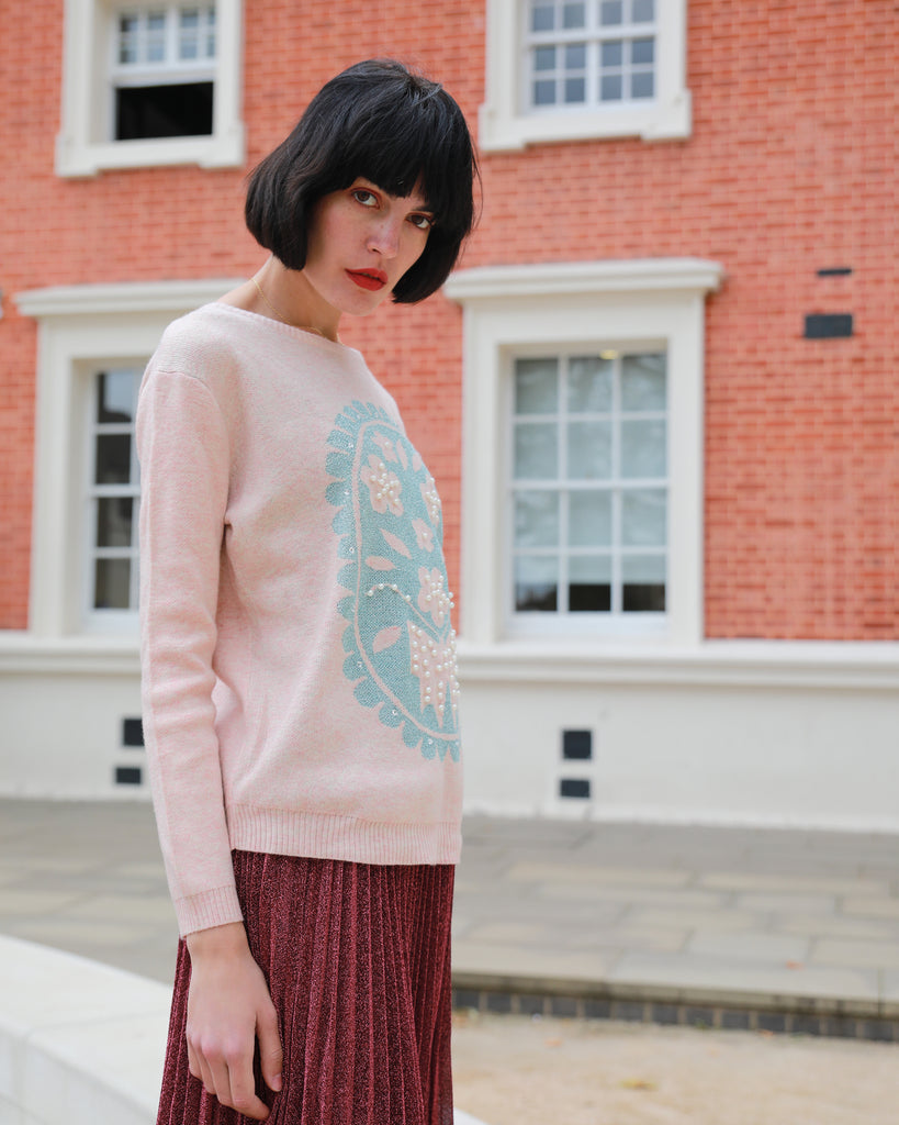 Floral & Pearl Embellished Knitted Jumper