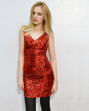 Plain color sequin V neck dress (Red)