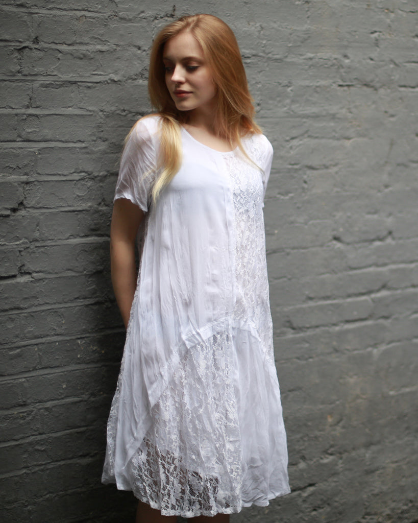 Lace and chiffon patchwork dress (White)