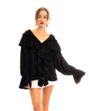 Front Frill detail long sleeves blouse top in black