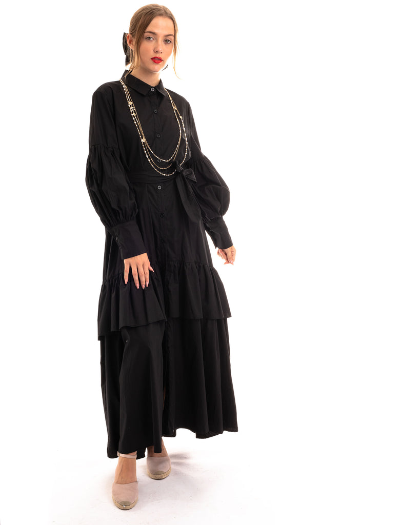 Puff sleeve shirt dress with tiered hem skirt in black