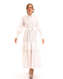 Puff sleeve shirt dress with tiered hem skirt in white