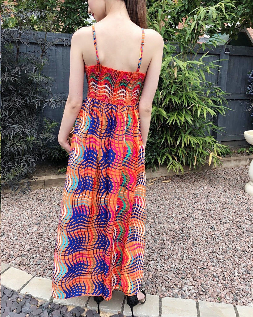 Printed Chiffon Maxi Dress (Orange Stripe Print)