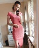 Short sleeves Ribbed Knit Bodycon Dress with Side Split in Salmon Pink