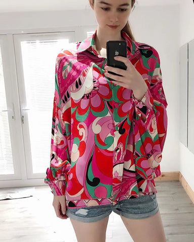 Oversized Long Sleeve Shirt in Pink Green Paisley Scarf print