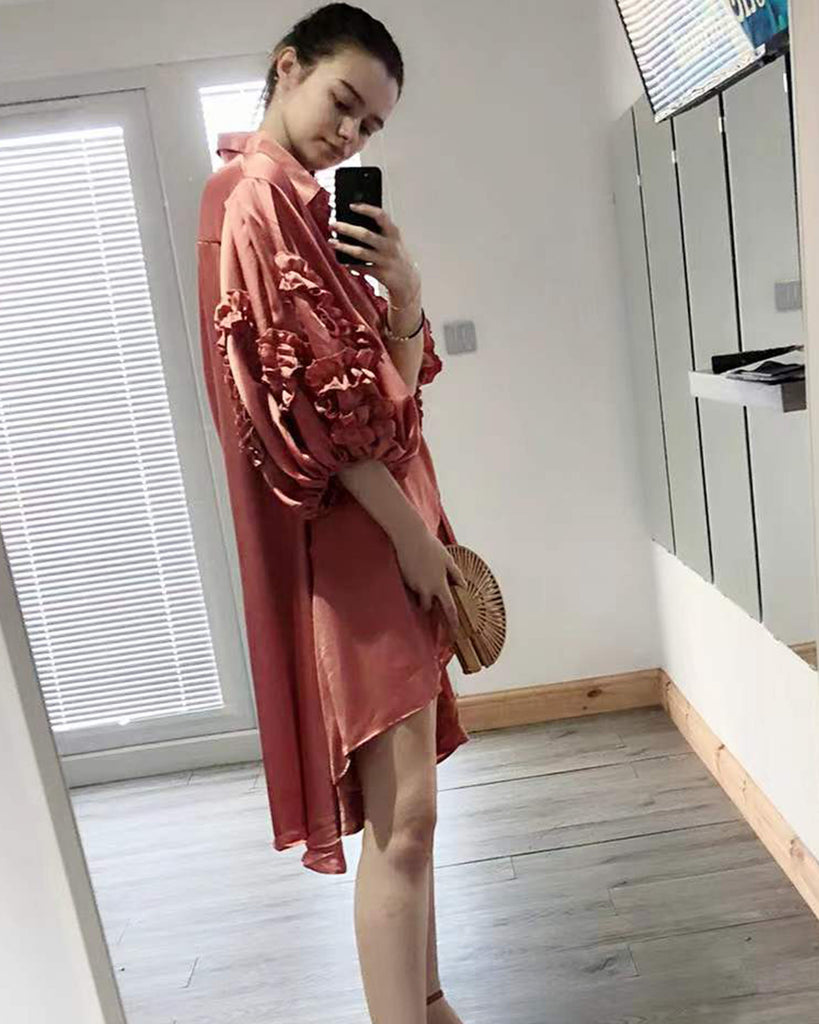 Floral sleeves design oversized sleeves shirt dress in pink