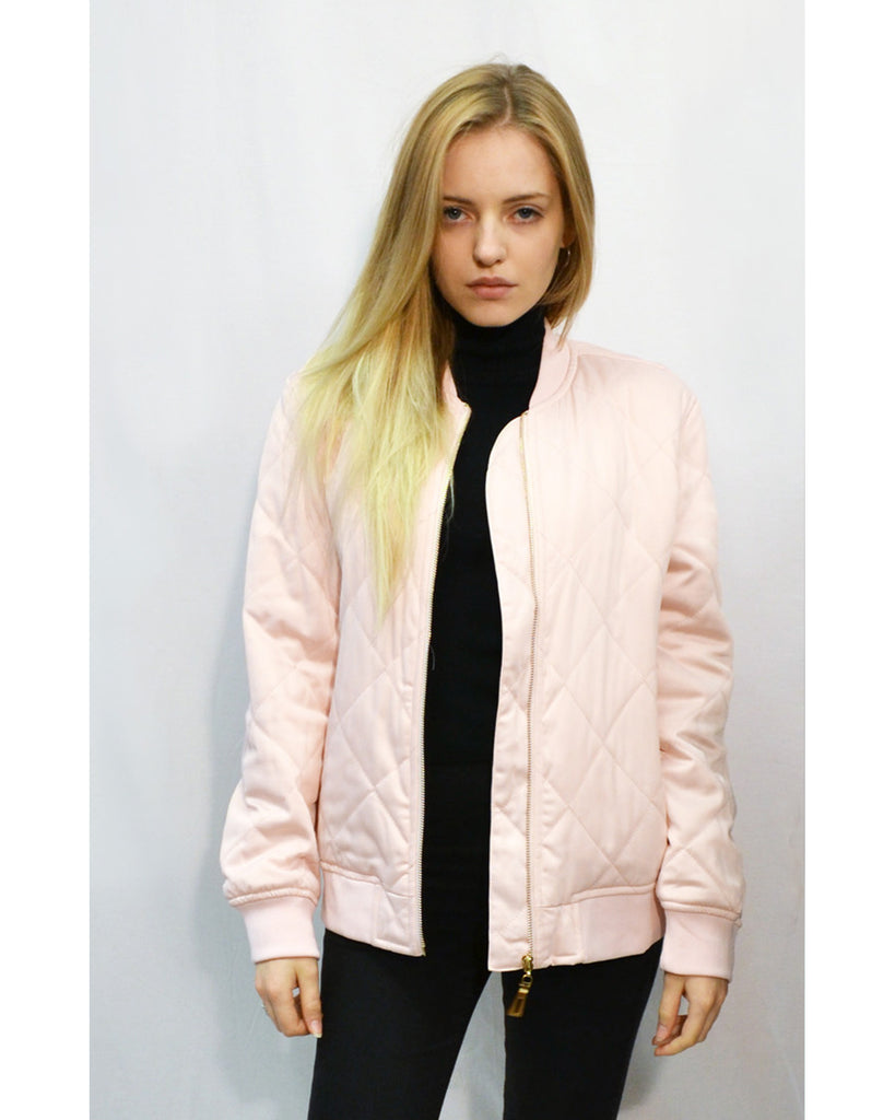 Quilted Satin Puffer Bomber Jacket
