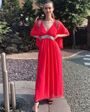 Strappy Chiffon Maxi Dress with Sequin waist (Red)