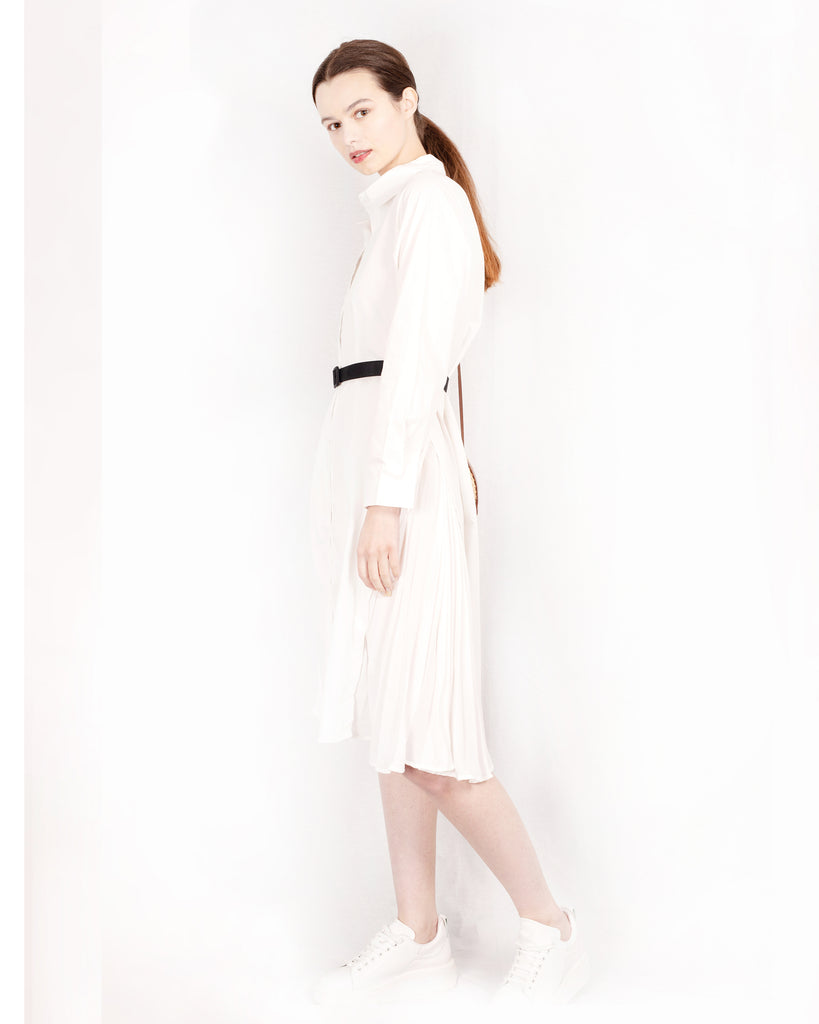 Cotton shirt dress with Pleated  chiffon hem design in white