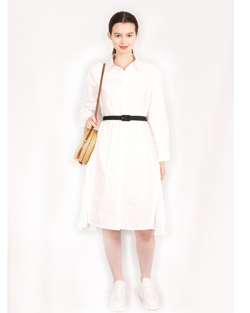 Cotton shirt dress with Pleated  chiffon hem design in white