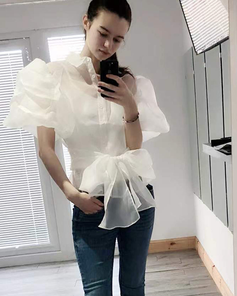 Organza shirt with big bow belt design in White