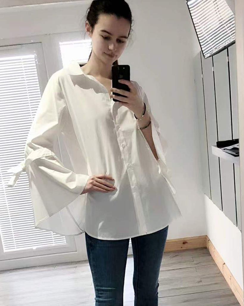 Bell sleeve shirt with ties in white