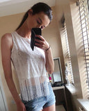 Floral Lace Fringed Hem Vest (White)