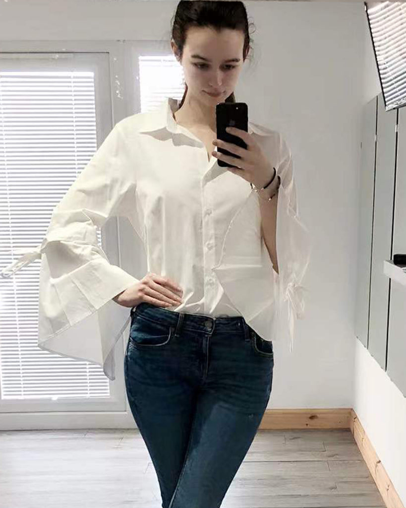 Bell sleeve shirt with ties in white